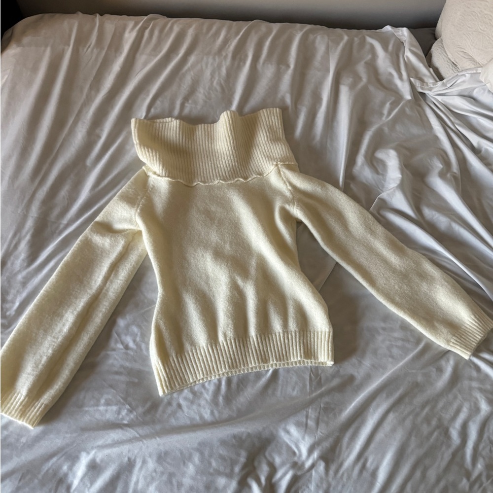 Cream Off The Shoulder Cowl Neck Sweater Ivory Oversized Cozy Knit Small - Picture 9 of 15